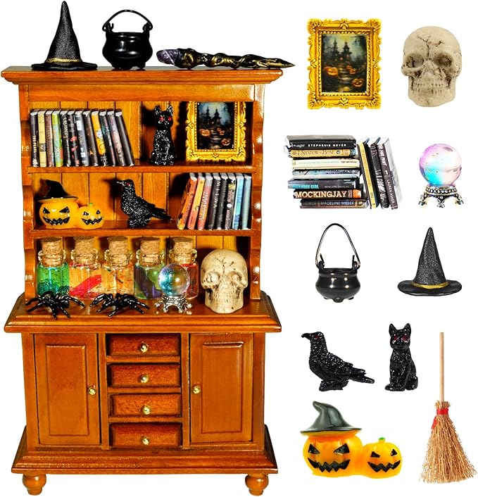 Rileryan 53 Pcs 1:12 Scale Magic Witchy Mini House Kit Halloween Miniatures Accessories Wooden Furnitures Bookshelf Bookcase 30 Mini Books Halloween Decoration