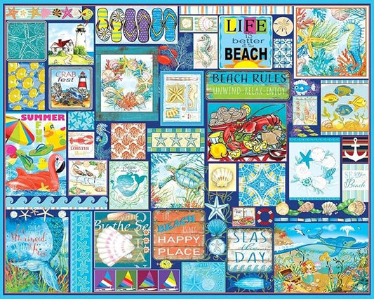 White Mountain 1000 Piece Jigsaw Puzzle Beach Life Collage Puzzles with Large Pieces for Adults and Family 24"x30" - Seas The Day