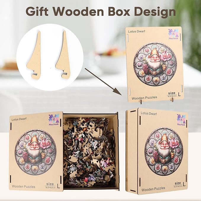 Mocfesk Wooden Puzzles for Adults, Gnome Jigsaw Puzzles, Unique Shaped Lotus Flower Puzzles for Kids, Family Fun Home Decor 16.5 x 16.5 in