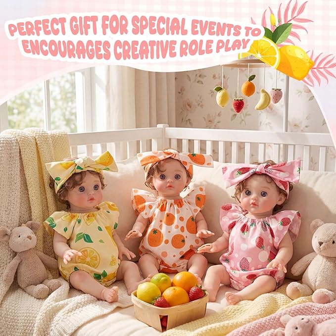 3 Set Reborn Baby Doll Clothes Set for 17-22 Inch Colorful Babydolls Clothes Outfits Realistic Babydolls Cute Strawberry Fruit Pattern Dress Accessories with Headband Bulk for Girl Dress up