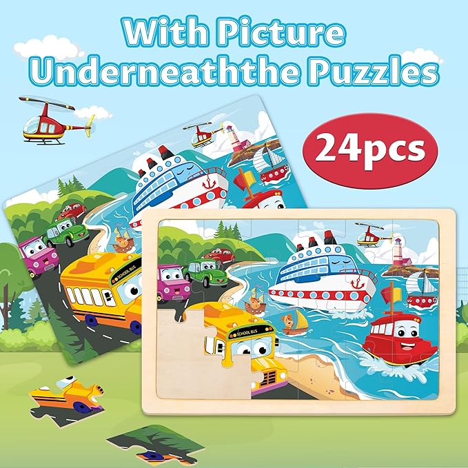 Wooden Puzzles for Kids Ages 3-5, 4 Packs Puzzles for Kids Ages 4-6, 24-Piece Truck Vehicle Wood Jigsaw Puzzles for Toddlers 3-5,Preschool Educational Toys Gifts for Children Ages 4-8 Boys (Vehicle)