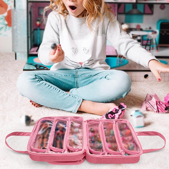 LoDrid Doll Tote Carrying Case Compatible with LOL Surprise Dolls All, Hanging Organizer Storage Bag with 6 Clear Window Pockets, Bag Only, Pink,(Patent Design)