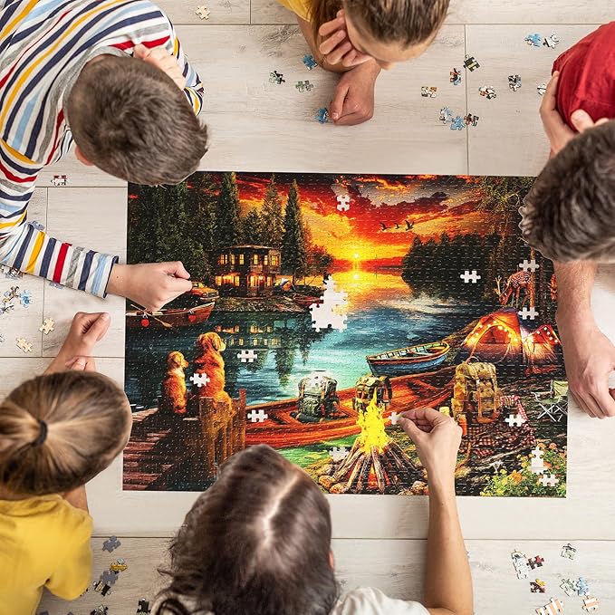 Jigsaw Puzzles for Adults 1000 Pieces, Fishing Village Landscape Difficult Challenging Unique Puzzle for Game Night Family Home Decor, 20x27 Inches, Dusk Lake