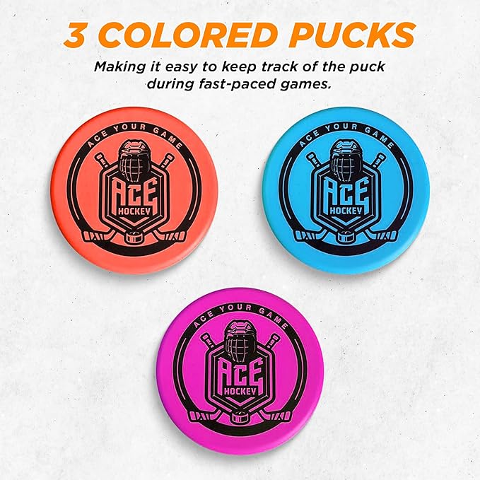 ACE HOCKEY Foam Pucks - Set of 3 Indoor Knee Hockey Pucks - Soft Hockey Pucks, Official Regulation Size 3" Floor Hockey Pucks - Blue, Red, Purple Colors