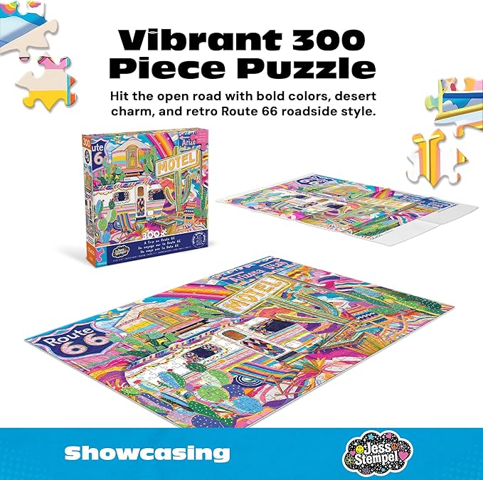 Ceaco - Jess Stempel - A Trip on Route 66-300 Piece Jigsaw Puzzle - Colorful Puzzles for Adults – Precision-Cut Pieces, Beautiful Artwork, and Hours of Relaxing Fun