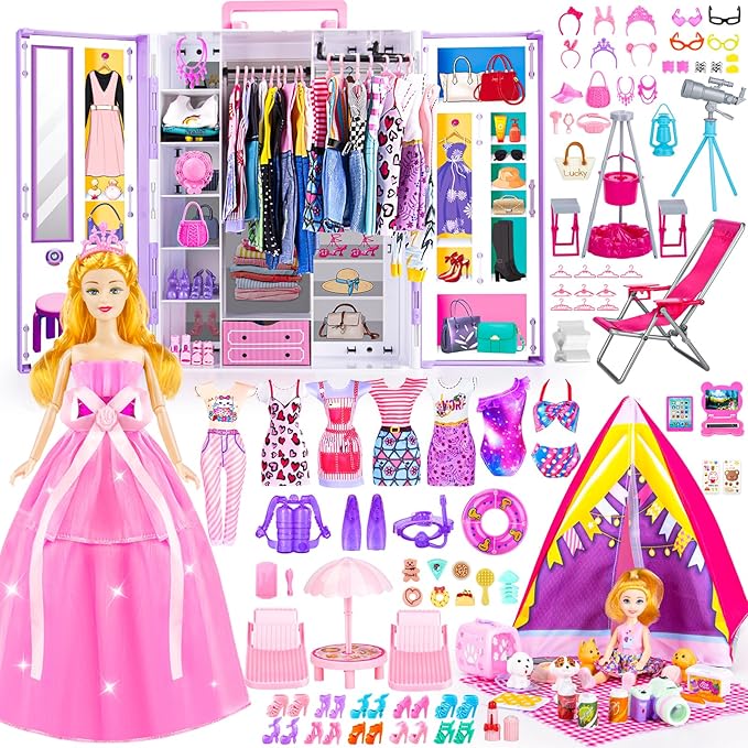 160+ Pcs Doll Closet with 11.5 Inch Doll Clothes and Accessories Set, Camping Set, Princess Dresses, Camping Tent, Beach Swim Accessories Set, Diving Suit, Dress Up Toys for Girls Gift