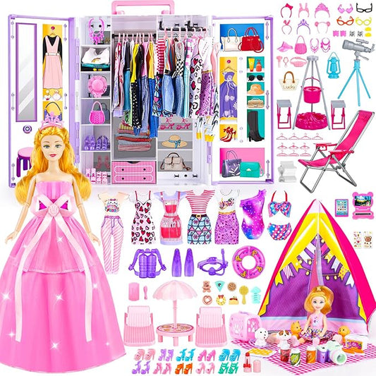160+ Pcs Doll Closet with 11.5 Inch Doll Clothes and Accessories Set, Camping Set, Princess Dresses, Camping Tent, Beach Swim Accessories Set, Diving Suit, Dress Up Toys for Girls Gift