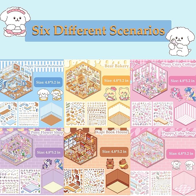 DIY 3D Sticker Scenes for Girls, 6 Sets Make Your Own Scene Stickers for Kids, Cute Kawaii Scene Stickers, Therapy Stickers for Stress Relief, Holiday Christmas Activity, Easter Basket Stuffers
