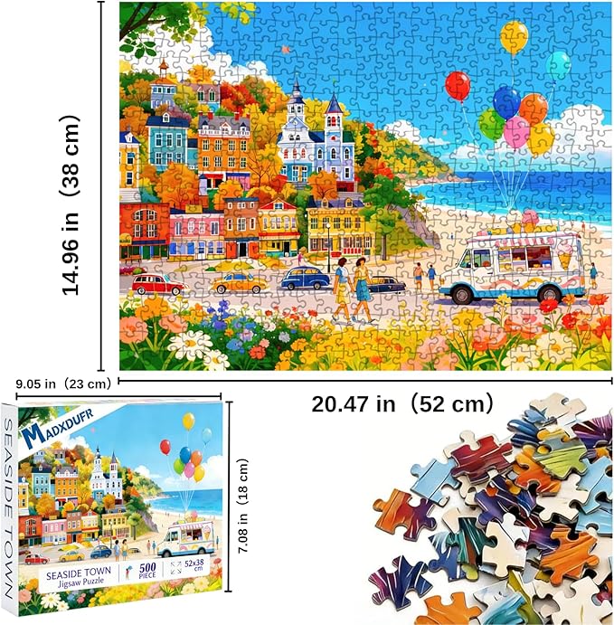Seaside Town Puzzles for Adults 500 Pieces, Colorful Coastal Town Jigsaw Puzzle with Letters on Back, 21x15 Inch Beach Town Puzzle for Family Game Night, Unique Gift for Puzzle Lovers