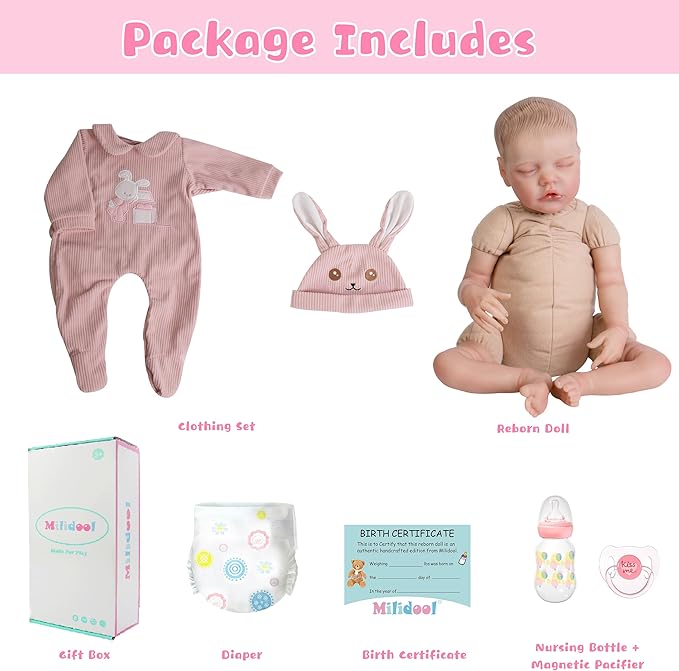 Milidool Lifelike Reborn Baby Dolls- 18-Inch Realistic Poseable Newborn Baby Girl Dolls,Soft Cloth Body Real Life Baby Doll with Gift Box for Kids Age 3 +