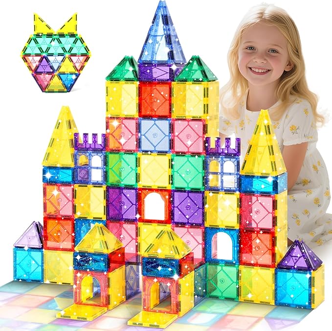 100 Pieces Magnetic Tiles for Kids Ages 4-8, Glitter Magnetic Building Tiles Preschool Learning Magnet Toys, STEM Sensory Magnet Building Blocks for Toddlers 3 4 5 6 7 8+ Year