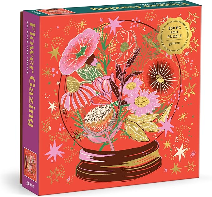 Galison Flower Gazing – 500 Piece Foil Jigsaw Puzzle Featuring Beautiful Artwork of Intergalactic World of Blooms Inside A Crystal Ball