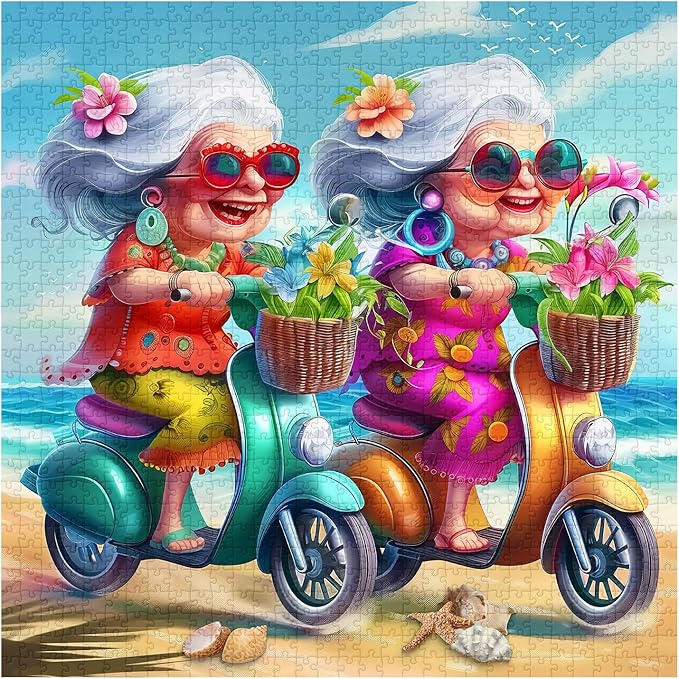 Summer Beach 1000 Piece Puzzle for Adults, PICKFORU Funny Beach Ride Jigsaw Puzzles, Unique Difficult Grandma Motorcycle Theme as Home Decor