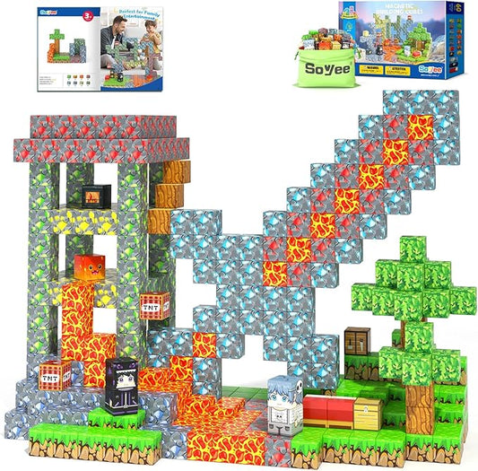 Soyee Magnetic Blocks - Build Mine Magnet World Forest Mine Set Magnet Building Blocks Kids Toys for 3+ Year Old Boys & Girls 1'' Magnetic Cubes STEM Sensory Building Toys Kids Game Xmas Gifts