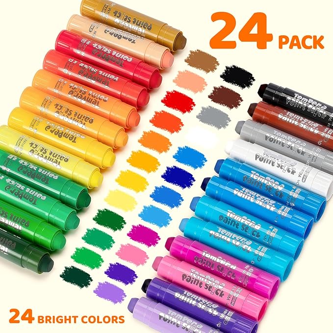 Tempera Paint Sticks, 24 Classic Colors, Washable Solid Paint Sticks for Kids Toddlers, Painting Art Supplies for Classroom School Students, Non-Toxic, Quick Drying, Back to School Supplies