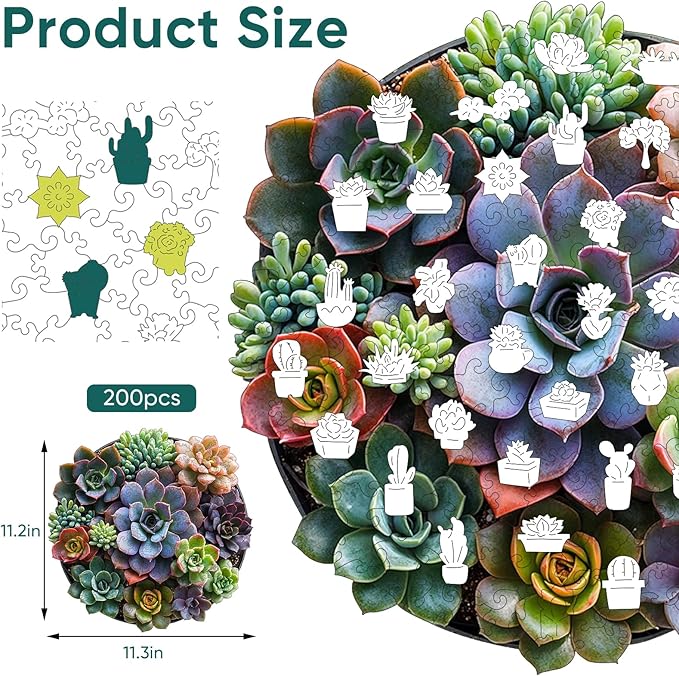 Succulents Wooden Puzzles for Adults,Round Mandala Unique Shaped Flower Liberty Jigsaw Puzzles for Adults and Kids 200 Pieces,Valentine Birthday Gifts,Fun Challenging Family Game,11.2"x11.2"