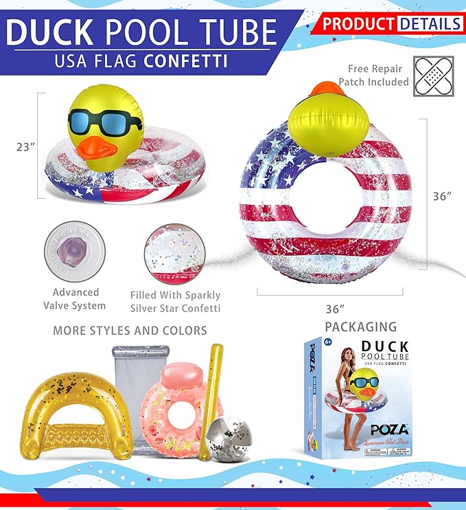 POZA Inflatable USA Pool Float - Luxurious Fun Lounger Filled with Sparkle Silver Stars Confetti, Cool USA Flag Design Water Swimming Pool Floaties for Beach, Lake & Pool