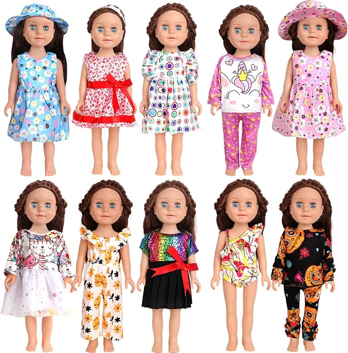 10 Sets of 18 Inch American Doll Clothes, Including 10 of Doll Clothing Dress Outfits for Gift Dolls, Birthday Gifts for Kids