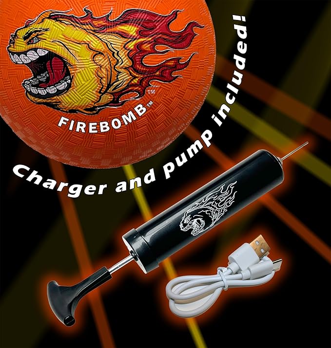 FIREBOMB LED Rubber Ball- Rechargeable Light-Up Ball for Dodgeball, Kickball, Handball, Four Squrae, Playground Nighttime Fun Glowing Sports Ball for All Ages