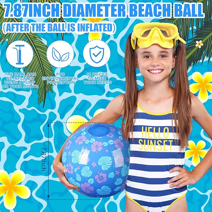 Leyndo 12 Pack Hawaiian Leaves Flowers Beach Ball for Kids 7.87" Bulk for Summer Pool and Beach Game Gifts and Birthday Party Supplies and End of The Year Class Party Decoration Favors