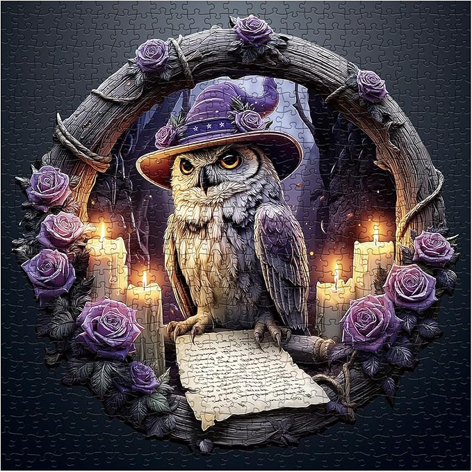Halloween Magic Owl Flower Puzzles for Adults 1000 Pieces, Funny Bird Floral Art Jigsaw Puzzles, Impossible Challenging Witch Hat Rose Puzzle