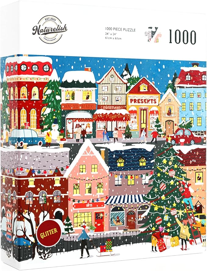 1000 Piece Christmas Puzzle for Adults, Festive Winter Village Jigsaw Puzzle with Glitter Snow Effect, Holiday Street Scene Puzzle, Perfect for Christmas Fun, 24 x 24 Inches