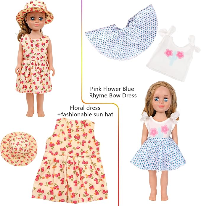 MSYO 10 Sets (18 Pcs) Doll Clothes for 17-18 Inch Dolls, Diverse Outfits (Floral Dress, Heart Print, Rainbow Shirt) & Casual Wear, Fashion Dress-Up Set