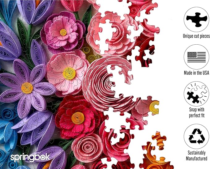 Springbok Quilled Flower Garden 500 Piece Jigsaw Puzzle for Adults - Poster Now Included - Gradient Paper Cut Floral - Unique Cut Pieces - Made in USA