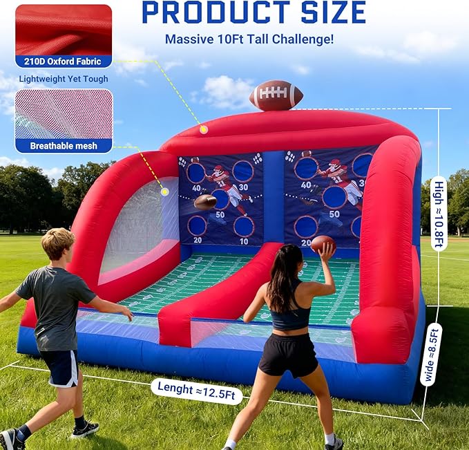 OZIS Inflatable Carnival Games with 4 Balls - Football Toss Throwing Target with Powerful Blower, Easy Setup for Indoor/Outdoor Commercial, Birthday Parties, and Lawn Interactive Game