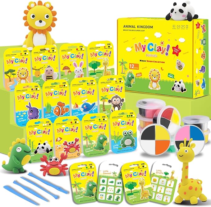Air Dry Clay for Kids Air Clay Art Kits 12 Box Animals Theme Air Dry Modeling Clay Kit w/Sculpting Tools& Step-by-Step Tutorials,Ultra Soft Non-Sticky,Craft Party Favors Clay Toy Gift for Boys Girls