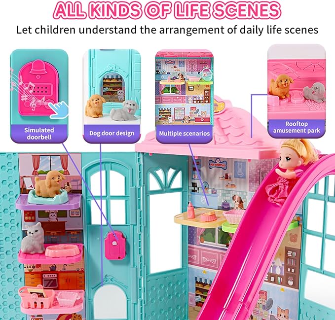 Doll Pets House, Doll Playset with Cats, Furniture, Pet Bowl, Cat Litter Box, Pool Accessories, DIY Pretend Toys for 3 4 5 6 7 8 9 10 Year Old Kids