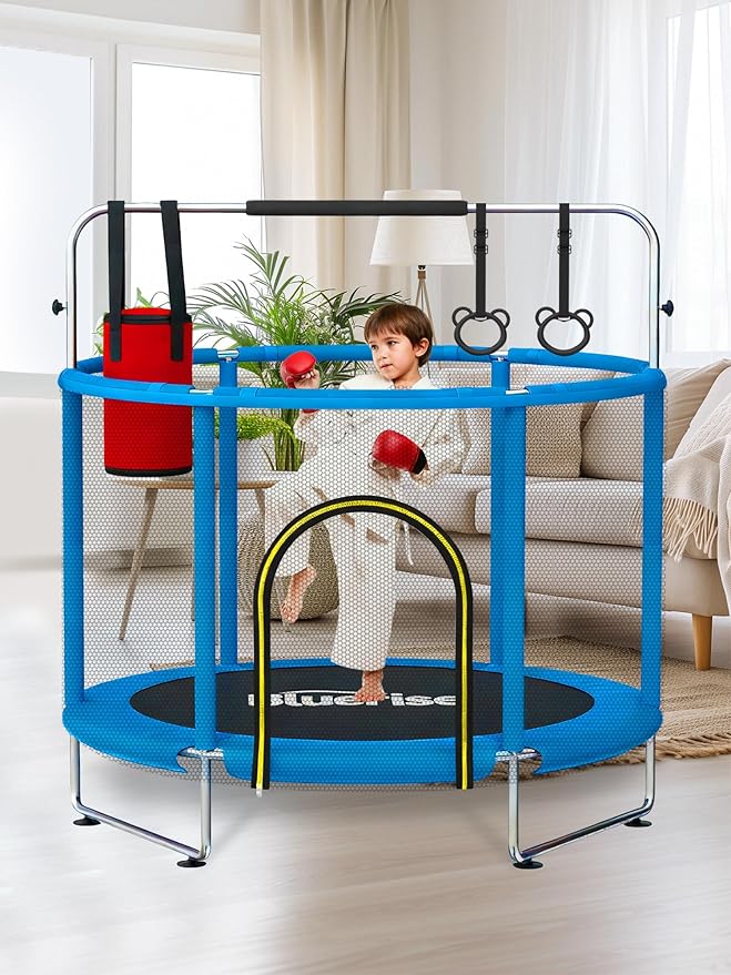 BLUERISE 55IN 6FT Toddler Trampoline for Kids Indoor Outdoor Play for Kids Trampoline Basketball Hoop Attachment with Enclosure Net Easy to Assemble