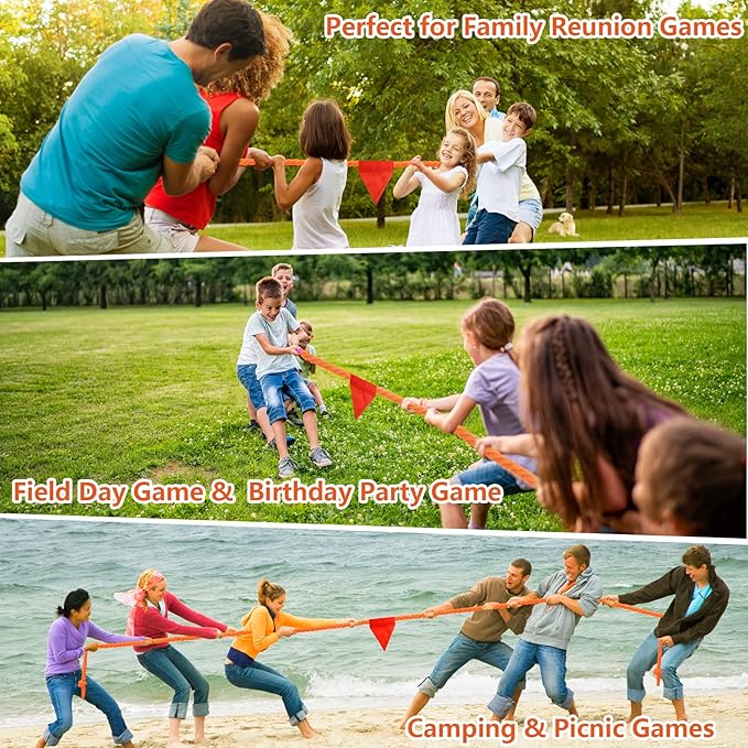 Tug of War Rope 60ft for Kids Adults, Outdoor Field Day Family Reunion Birthday Party Games, Outside Yard Backyard Lawn Camping Picnic Carnival Games for Team Building Activities, Orange