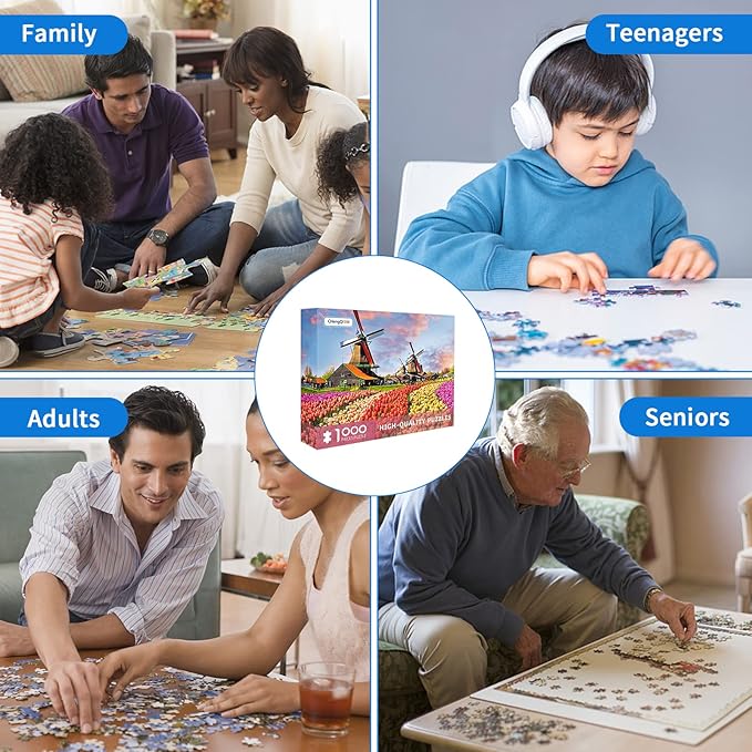 Jigsaw Puzzles 1000 Pieces for Adults Holland Tulip Fields 1000 Piece Puzzle Dutch Windmill Puzzle 1000 Pieces Tulips Flowers Puzzles Holland Landscape Puzzle Flower Jigsaw Puzzles for Adults Teens