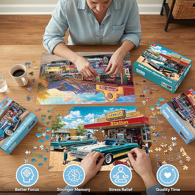3 Pack 500 Pieces Jigsaw Puzzles, Retro 500 Piece Puzzles for Adults, Car Recycled Cardboard Puzzle for Seniors Teens, Interlock Perfectly Letter on Back, Home Decor Birthday Gift, 20.5 x 15 in