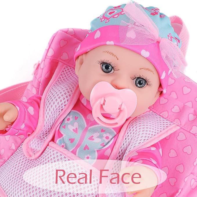 DONTNO 12 Inch Baby Doll with Clothes and Backpack Carrier,Reborn Baby Doll with Bottles Nipple