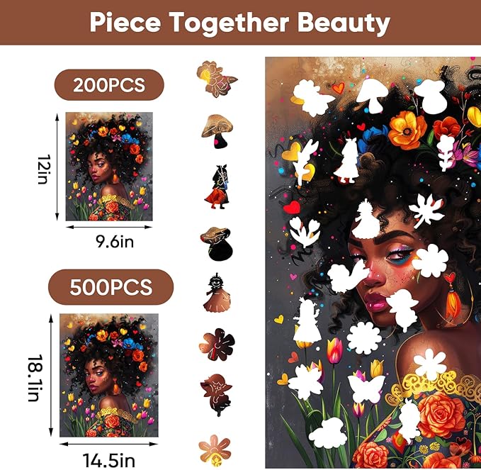 MYS A·U·R Beautiful African American Black Girl Wooden Puzzles for Adults, Afro Fashion Flora Girl Jigsaw Puzzles, Unique Shaped Flower Wood Puzzle 200 Pieces, 12 x 9.6in, Birthday Gifts Family Game