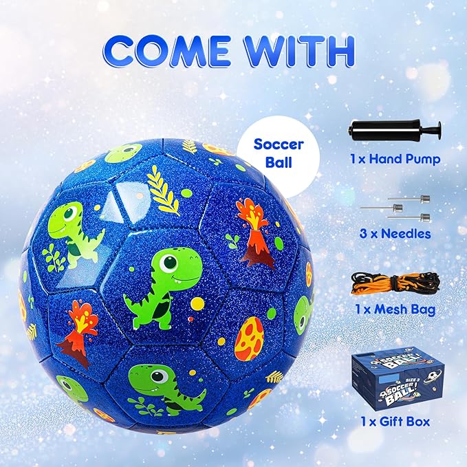 Soccer Ball Size 2 Size 3 Size 4 For Toddlers Kids Ages 1-3 3-8 8-12 - Glitter Unicorn Dinosaur Design - Sports & Outdoors Ball with Pump Deflated - Gift for Girls Boys Children Youth School Birthday