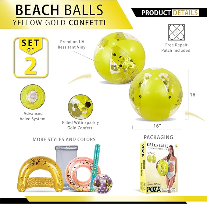 POZA Inflatable Beach Balls - Elegant Glitter Confetti Premium Floaters, Heavy Duty Vinyl Floatation Pool Toys for Pool Beach Party, UV Resistant Pool Décor
