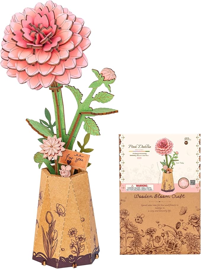 ROBOTIME Pink Dahlia 3D Wooden Puzzle - DIY Flower Craft Kit for Adults, Buildable Artificial Dahlia Model, Valentine's Day Gift for Her, Home Office Decor, Birthday Mother's Day Present