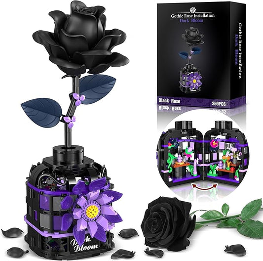 Gothic Black Roses Building Blocks Kit, Mysterious Dark Bloom with Vase Toy Building Sets for Boys Girls, 359 Pcs Artificial Flower Building Toys for Mom