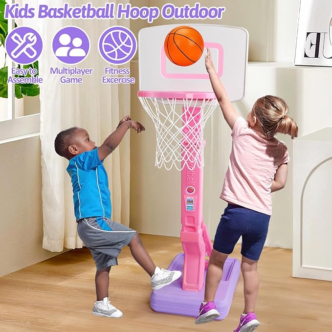 Qirptey Toddler Girl Basketball Hoop Indoor Pink Adjustable Mini Basketball Goal with Ball Pump for Outdoor Poolside Toys Backyard Game Outside Basketball Toy for Kids Age 3-5 6 7 4-8 Birthday Gift
