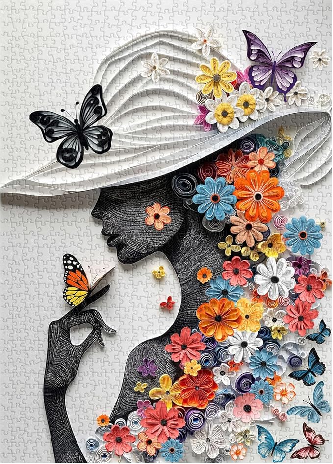 Flower Woman Puzzle for Adults 1000 Pieces, Butterfly Fairy Girl Jigsaw Puzzle, Colorful Floral Women Paper Art Puzzles as Home Decor