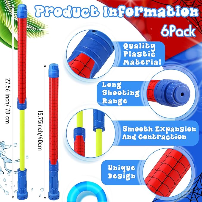6 Pcs Spider Party Favors for Kids Water Guns Bulk 15.75" Red Spider Web Water Squirters Blaster Shooters for Summer Swimming Pool Beach Cartoon Birthday Gifts Supplies