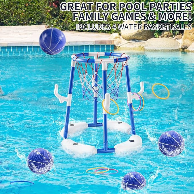 Pool Basketball Hoop, 2-in-1 Floating Pool Toys Ring Game with 4 Balls and Pump, Outdoor Swimming Pool Basketball Games Water Play Toy Family Party for Kids Adults Age 3-12 (Blue)