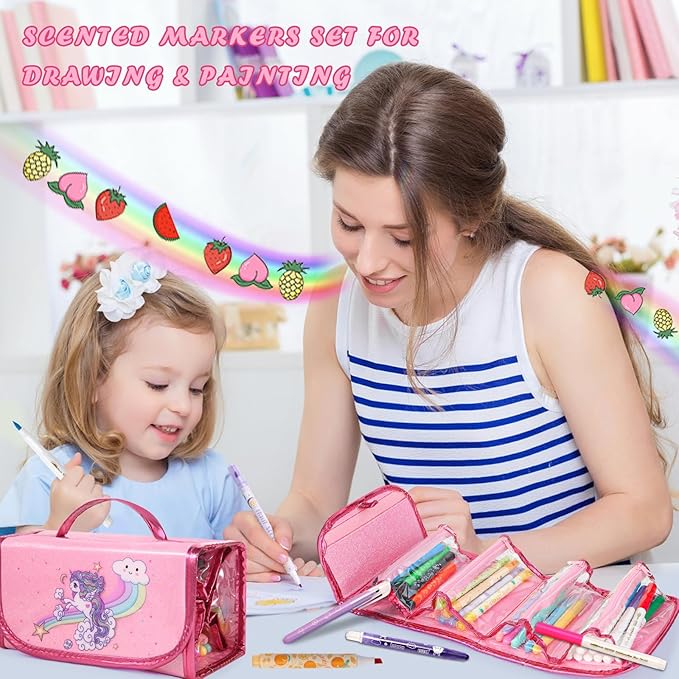 50 Pcs Fruit Scented Washable Markers Set with Coloring Book, Unicorn Girls Coloring Set Art Supplies Gifts Toys for Girls Age 4 5 6 7 8 (Pink)