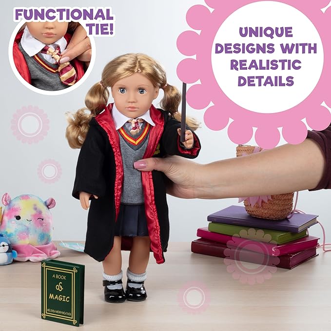 Deluxe 11pc Hermione Granger Inspired 18" Doll Outfit-Compatible w American Girl Outfit & Accessories Set w Robe, Wand, Book, Sweater, Shirt, Skirt, Socks, Shoes & Tie- Perfect Easter Basket Stuffer