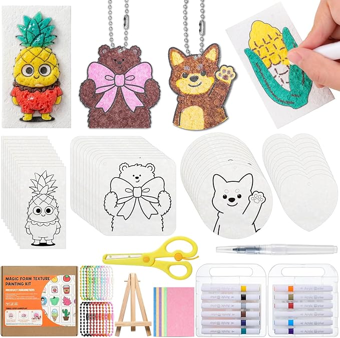 Magic Foam Texture Painting Kit with 65 Pcs: 3D Puffy Paint Art Supplies for DIY Crafts, Activities, Creative Gifts (30 Foam Textured Paper, 12 Markers, 2Waterpen, 20 Chains,1 easel, 1 scissors)