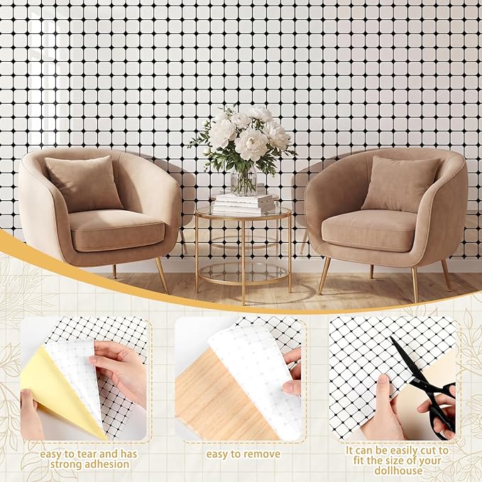 Flutesan 3 Pcs Miniature Dollhouse Wallpaper and Flooring Peel and Stick 1:12 Scale Self Adhesive Doll House Wallpaper DIY Mini Dollhouse Accessories 8.27 x 11.69 Inch (Checks)