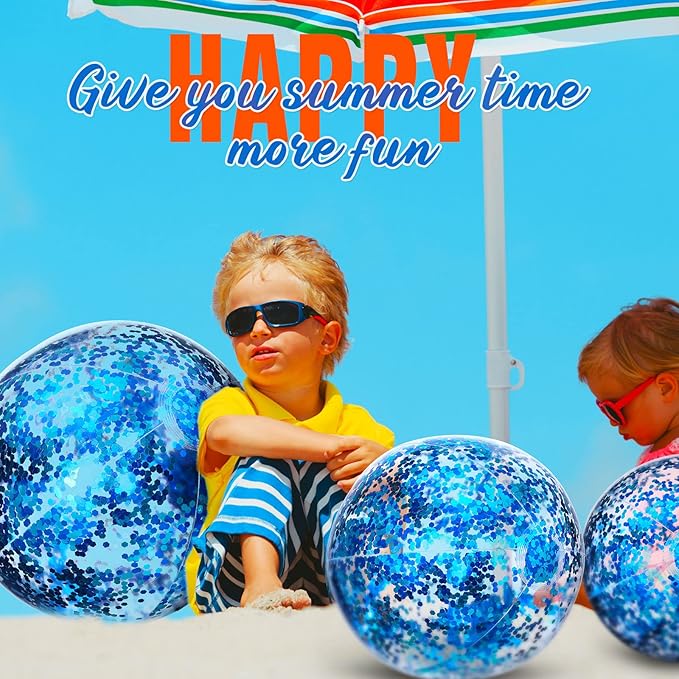 Lewtemi 12 Pcs Inflatable Glitter Beach Balls 16 Inch 24 Inch Shiny Giant Confetti Balls Swimming Pool Beach Blow up Balloon for Outdoor Summer Party Wedding Decor(Blue)